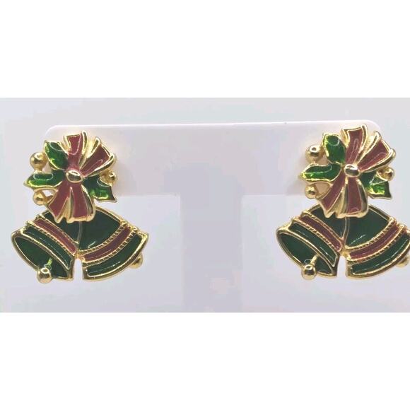 A I N Earrings Pierced Christmas Bow Bell Jacket Holly Red Green Goldtone Signed - Picture 2 of 8